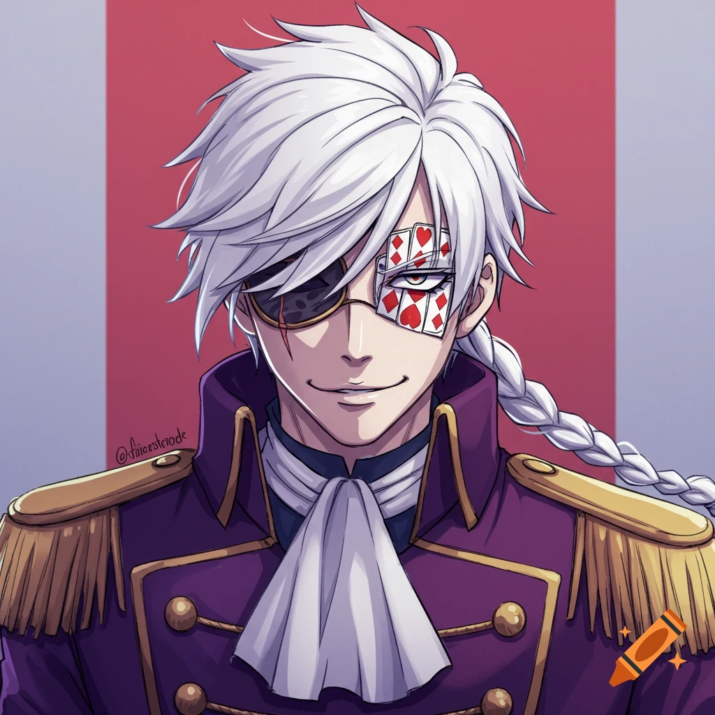 Anime portrait of a man with white hair, eyepatch, scar, and playing cards on his face, wearing a purple military jacket.