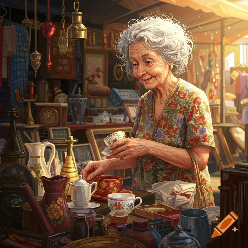 An old lady looking at teacups at a flea market stall