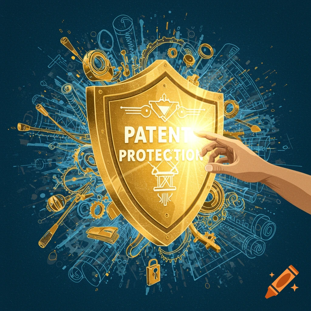 A hand touches a golden shield with 'PATENT PROTECTION' text. Technical drawings and gears surround the shield.