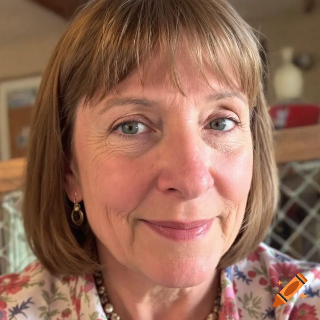 A close-up photo portrait of an older woman smiling, wearing a floral shirt.