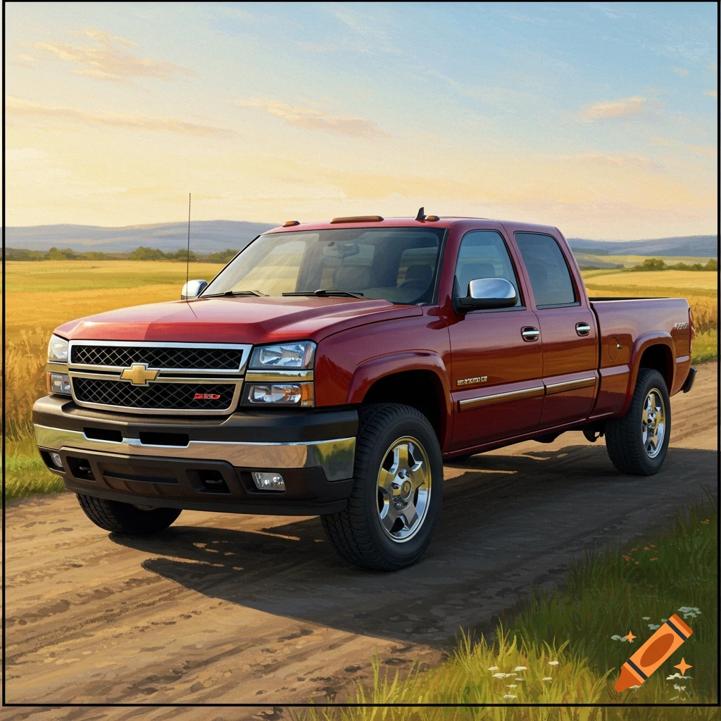 Red Chevy Silverado truck on a dirt road in a field at sunset.