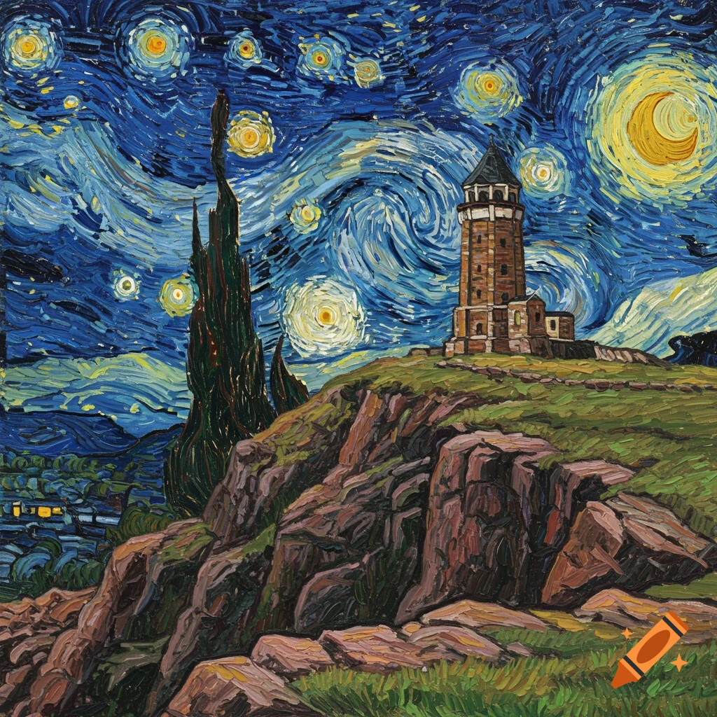A painting of a tower on a hill under a swirling, starry night sky, in the style of Van Gogh.