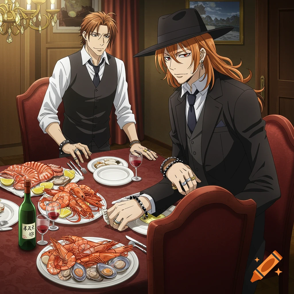 Anime scene of two men eating seafood at a dining table