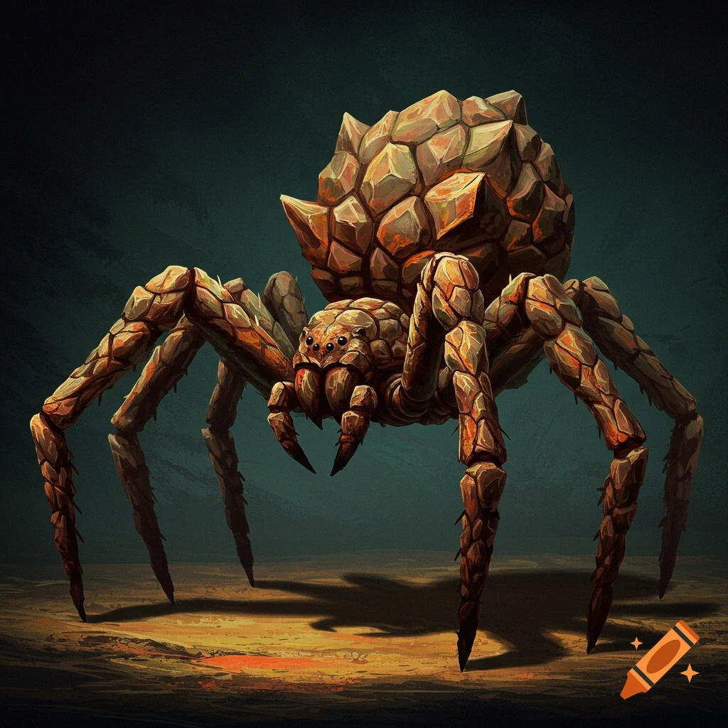 A spider with rock-like skin stands on the ground