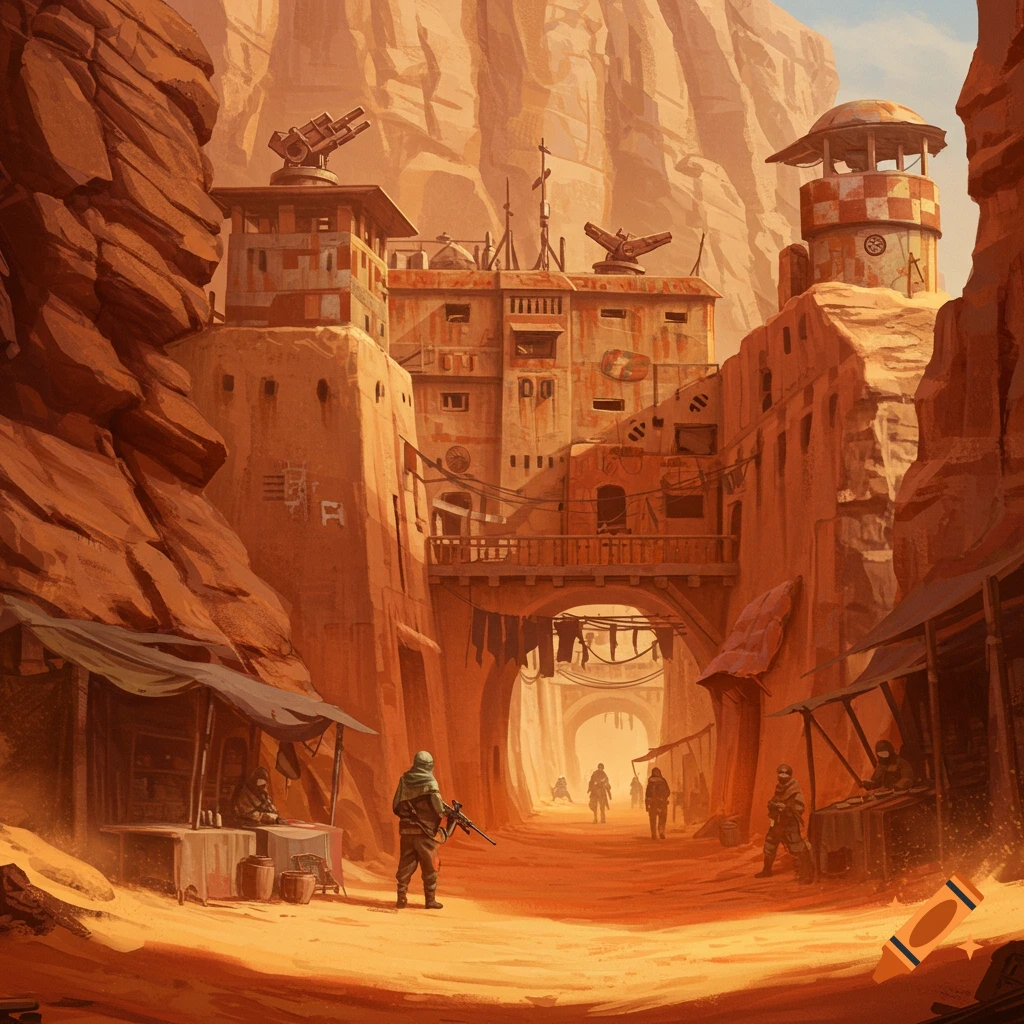 A sci-fi desert outpost built into a rocky canyon with guards and traders.