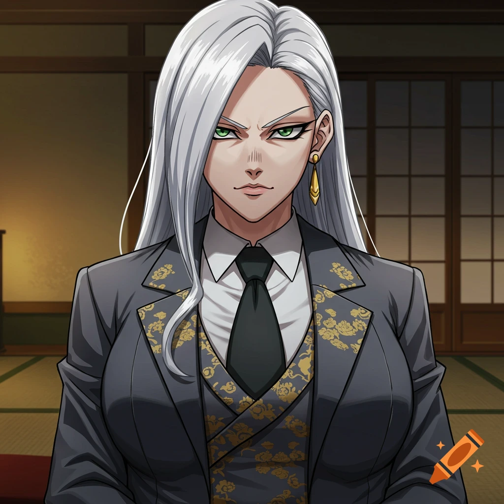 Anime-style portrait of a woman with long silver hair and green eyes wearing a suit and tie