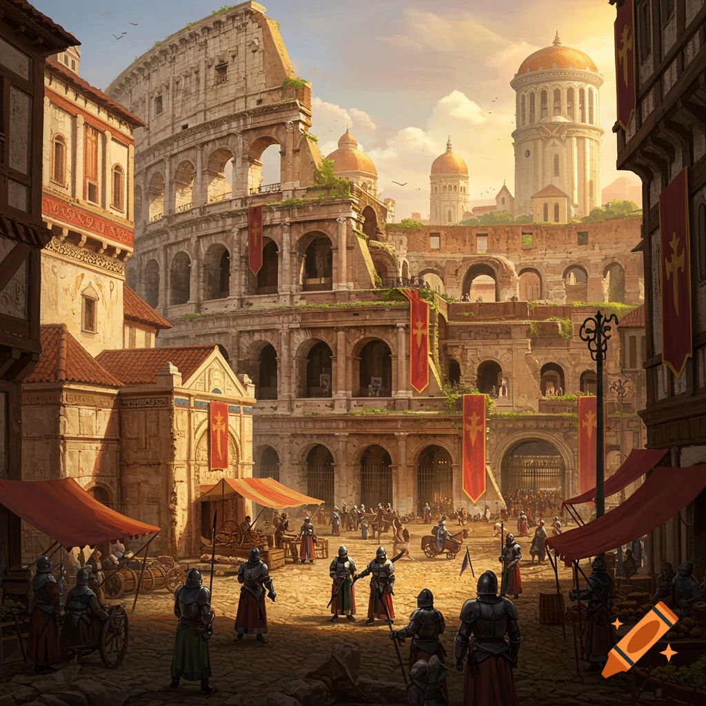 A bustling medieval market is set up outside a large stone colosseum. Figures in armor mingle among the stalls, which are adorned with colorful banners.