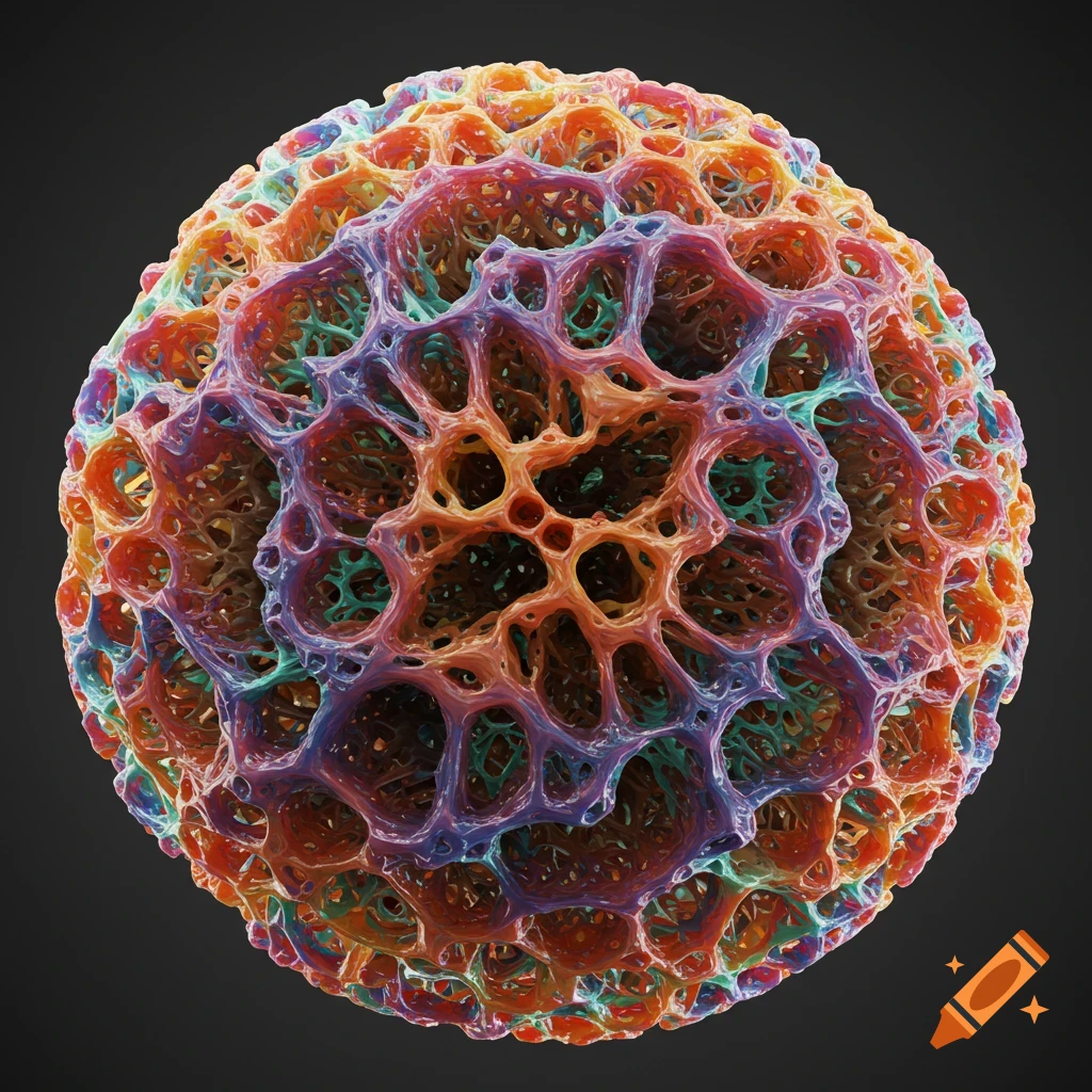 A colorful, porous spherical object with an intricate network structure, 3D rendering.