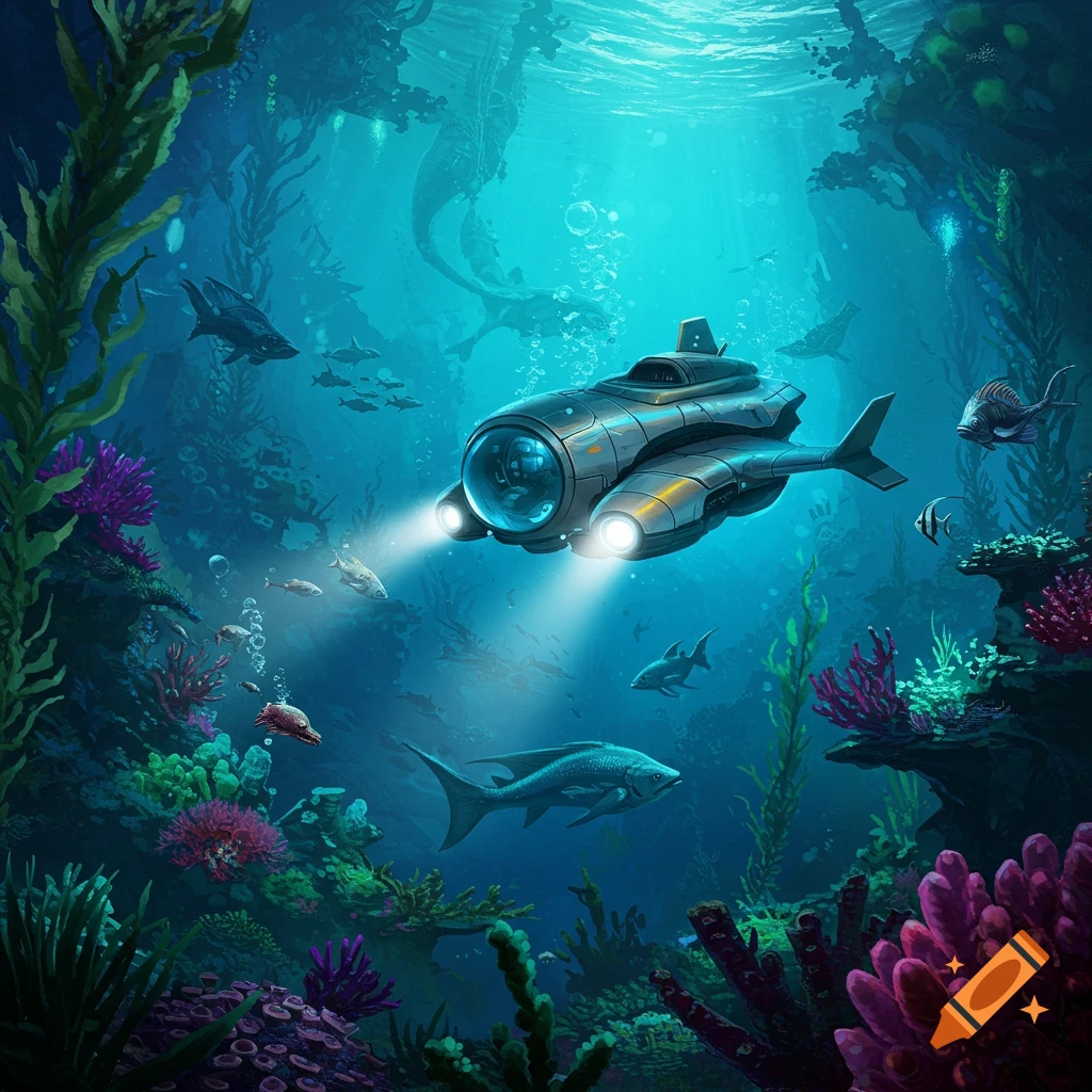 Submarine exploring a vibrant underwater reef with fish
