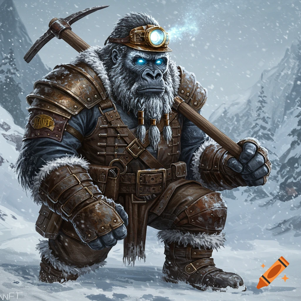 Detailed illustration of an anthropomorphic gorilla miner in steampunk cold weather gear holding a pickaxe in a snowy mountain setting.
