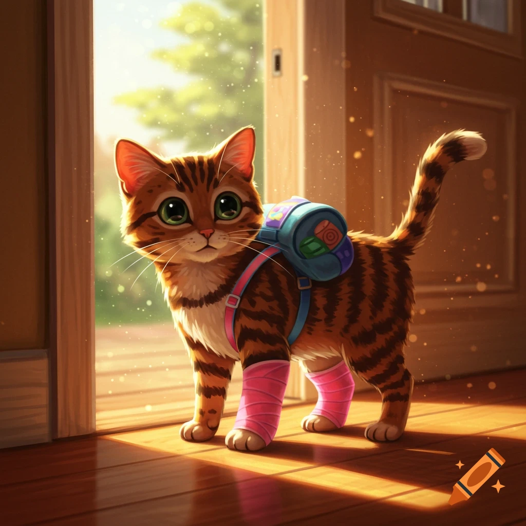 A cute cartoon tabby cat with a backpack and pink bandages on its legs stands in a sunny doorway.