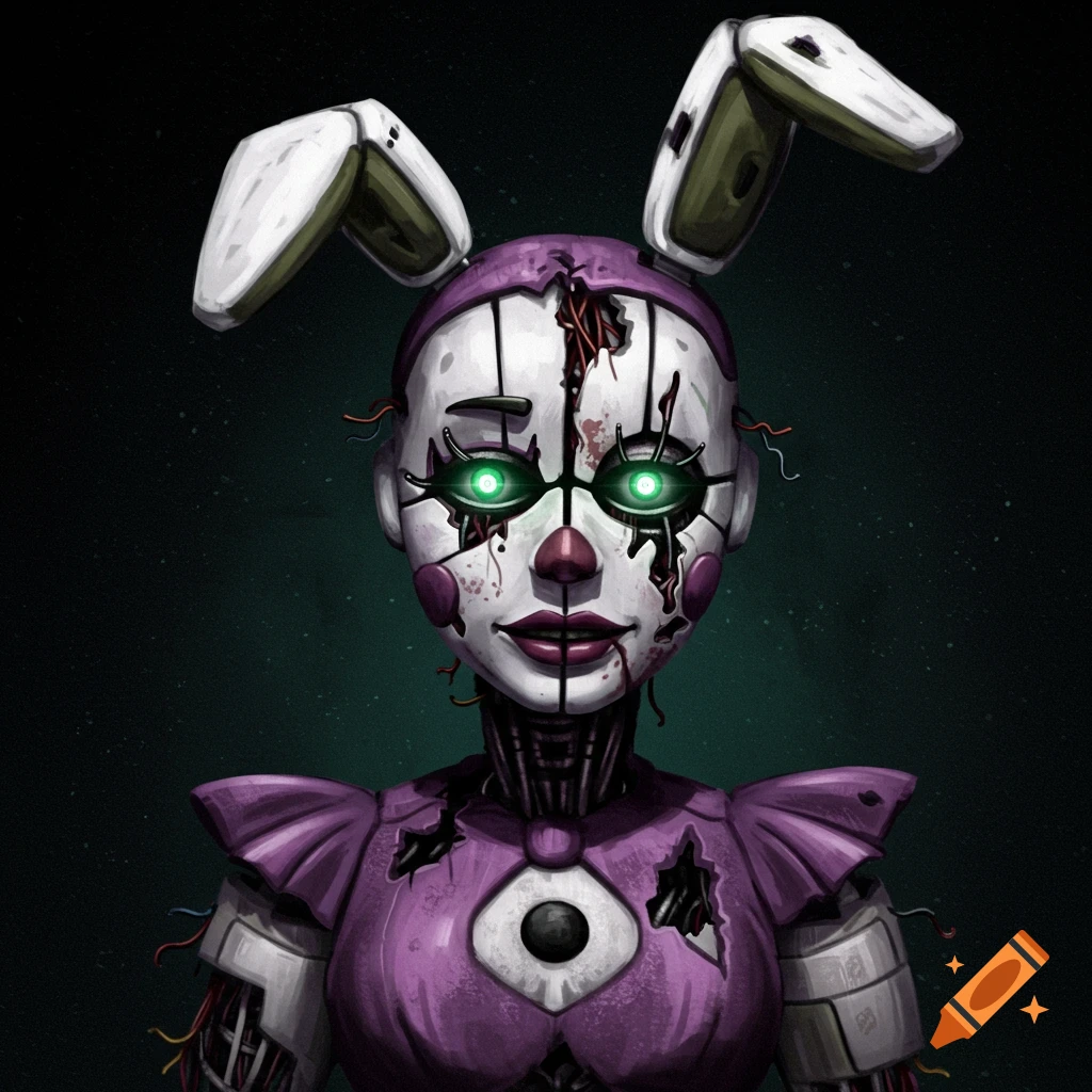 A damaged animatronic rabbit character with glowing green eyes and exposed wires.