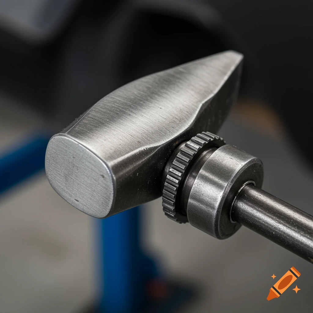 Close-up of a metal hammer head attached to a ratchet tool.