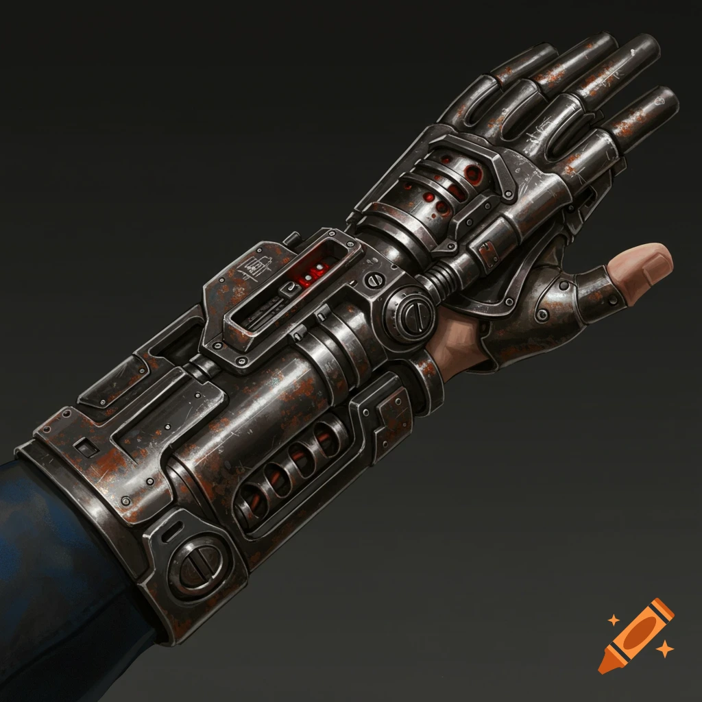 Rusty sci-fi metal arm cannon gauntlet