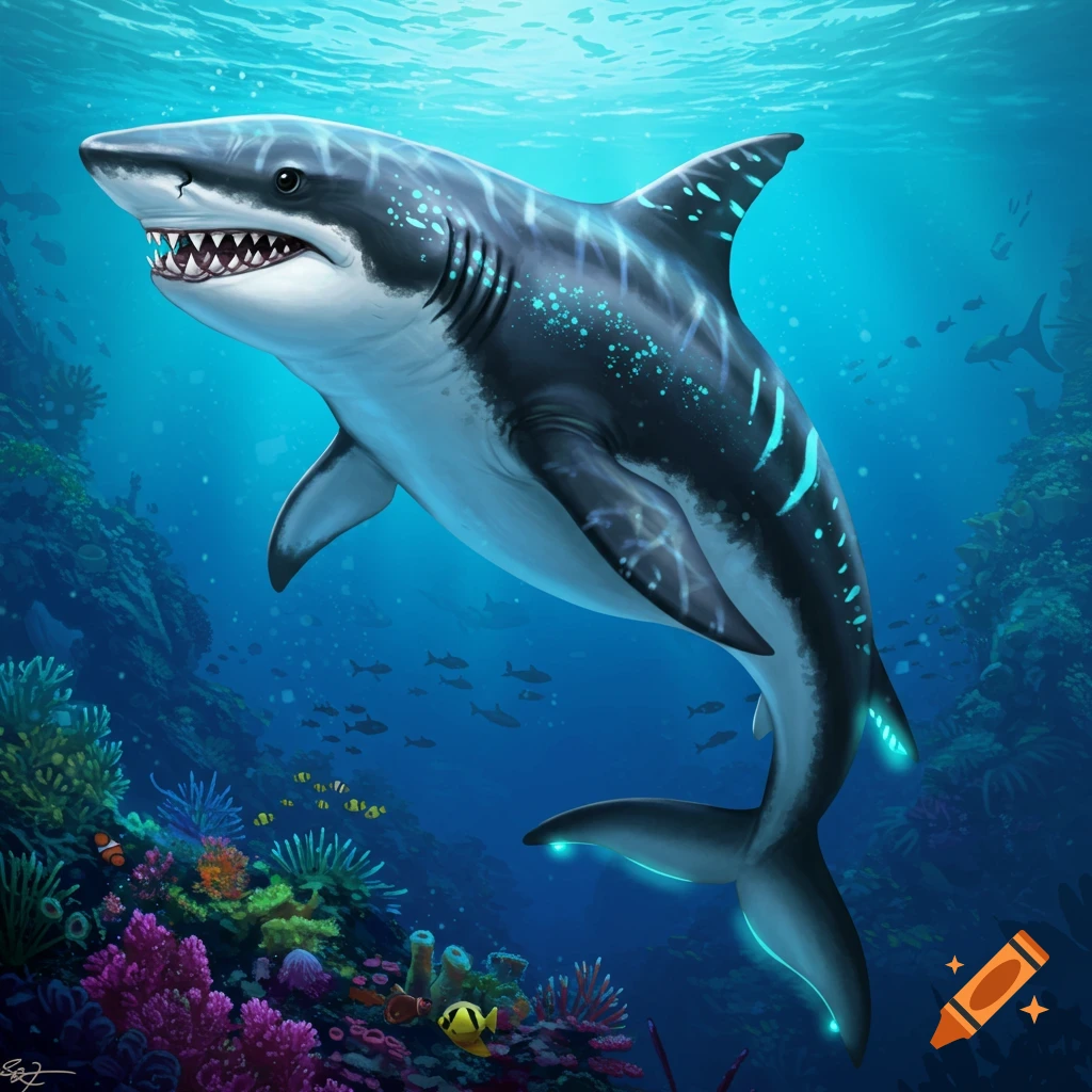 A stylized hybrid sea creature with glowing fins swimming among colorful coral reefs.