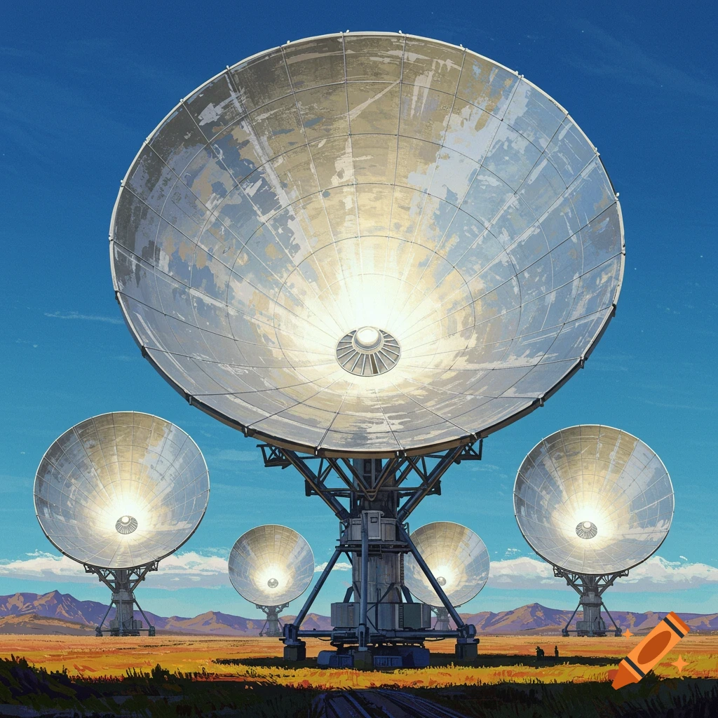 Large parabolic satellite dishes in a sunny landscape with mountains.