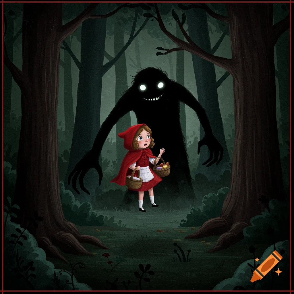 A stylized illustration of Little Red Riding Hood looking scared as a large, shadowy monster emerges from the dark forest behind her.