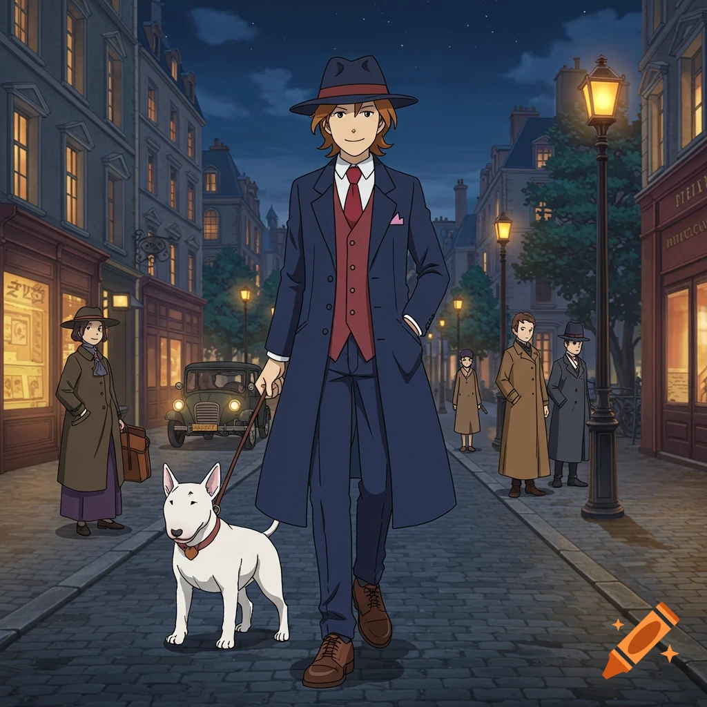 Anime drawing of a man in a suit walking a white bull terrier on a cobbled street at night. Other people and buildings are in the background.