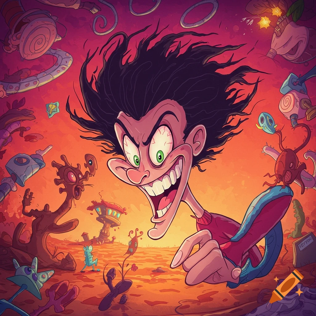 Exaggerated cartoon of a wild-eyed man pointing forward amidst strange creatures and abstract shapes in a desolate landscape.