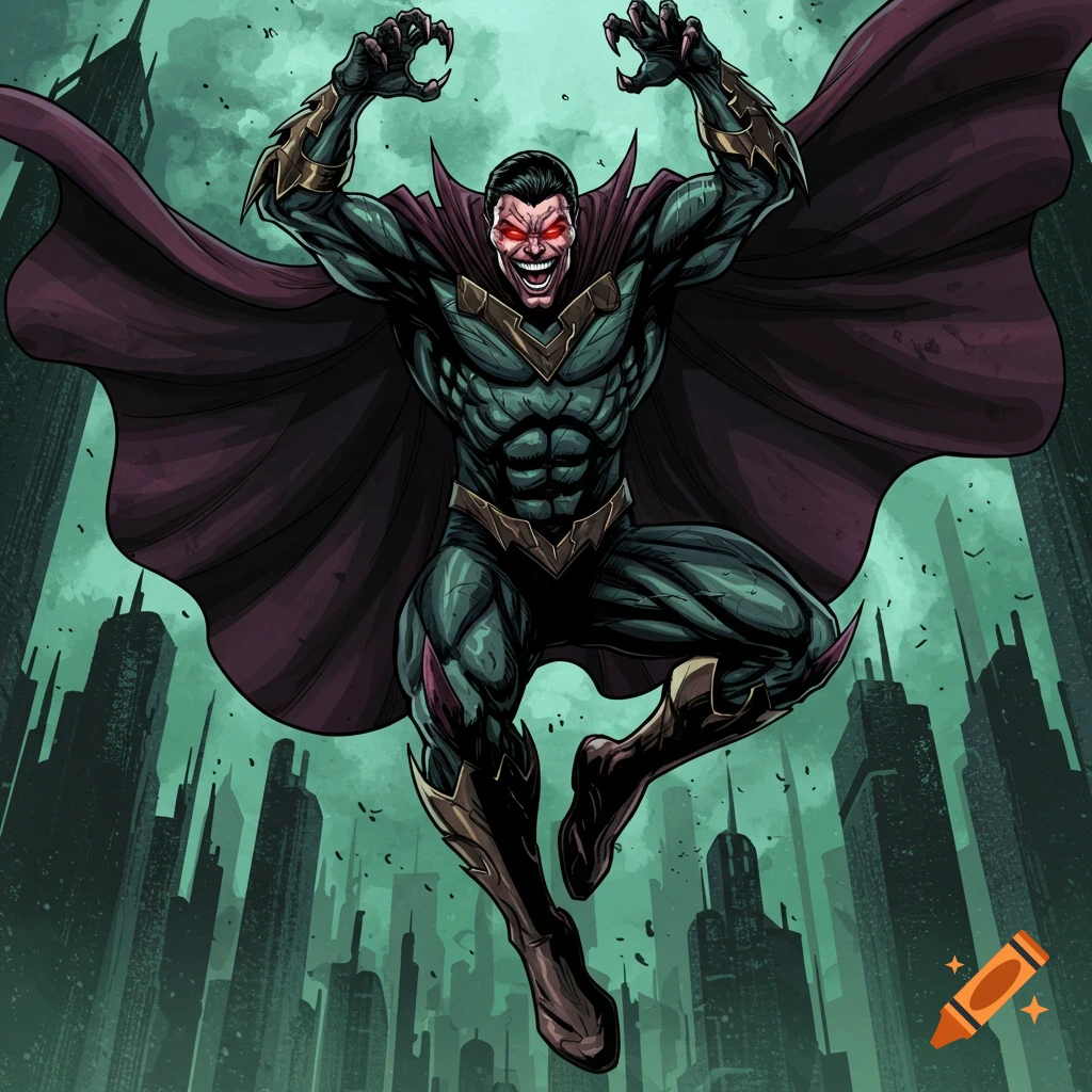 A muscular super villain with red eyes and sharp claws jumps above a city.
