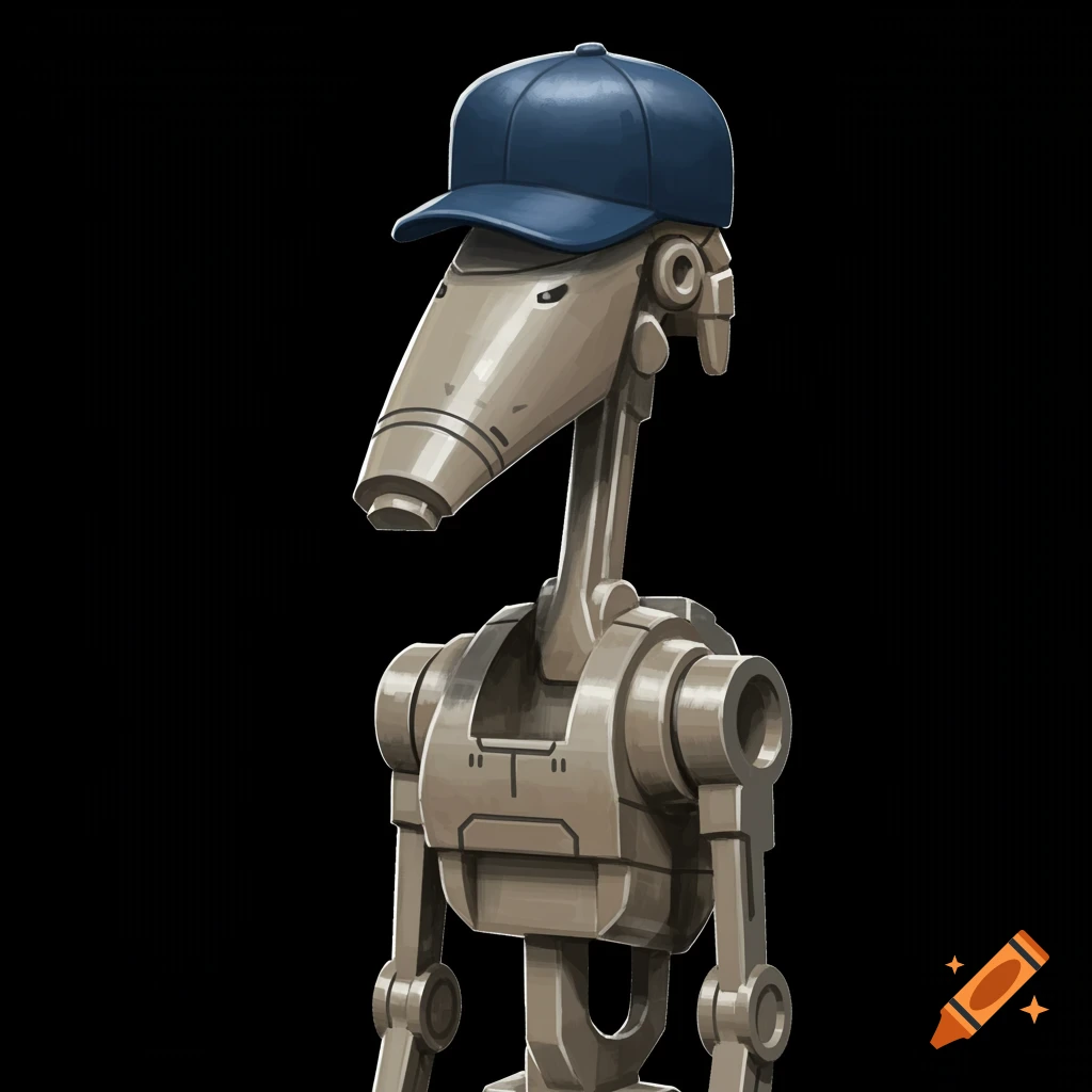 A LEGO Star Wars Battle Droid wearing a blue baseball cap on a black background.