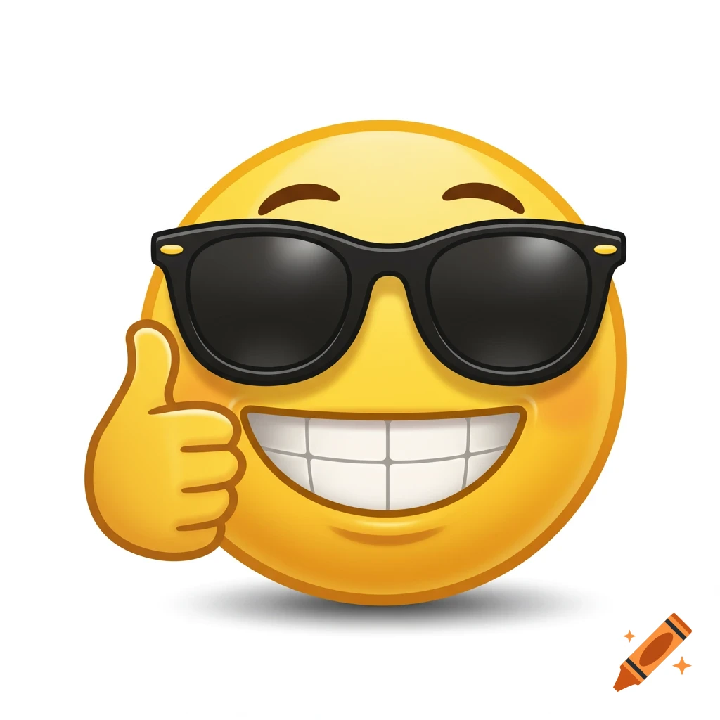 A yellow smiley emoji wearing sunglasses gives a thumbs up.
