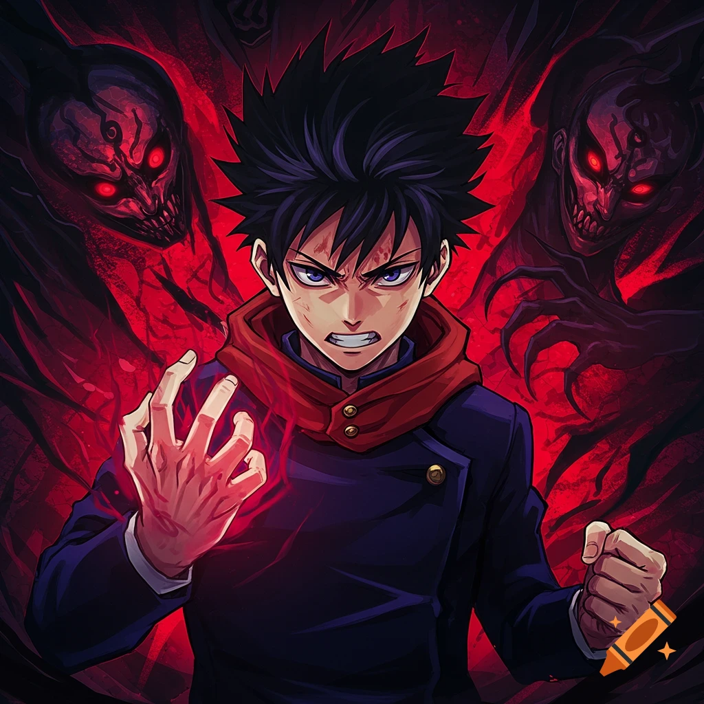 An intense anime character with shadowy figures