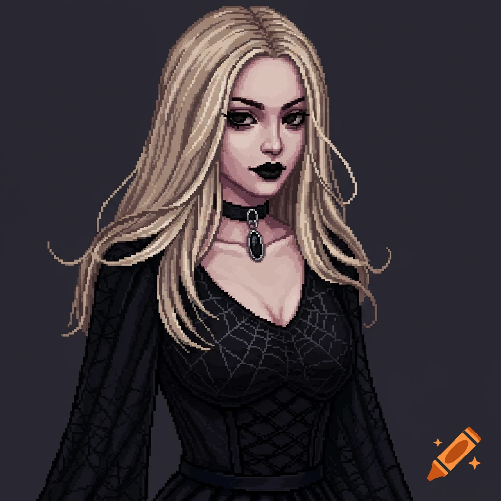 Pixel art portrait of a blonde goth woman with black lipstick and black dress.