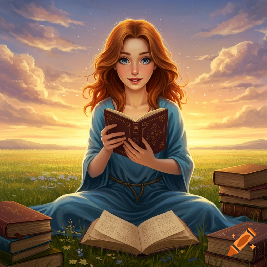 A red-haired woman reads a book in a grassy field at sunset, surrounded by books.