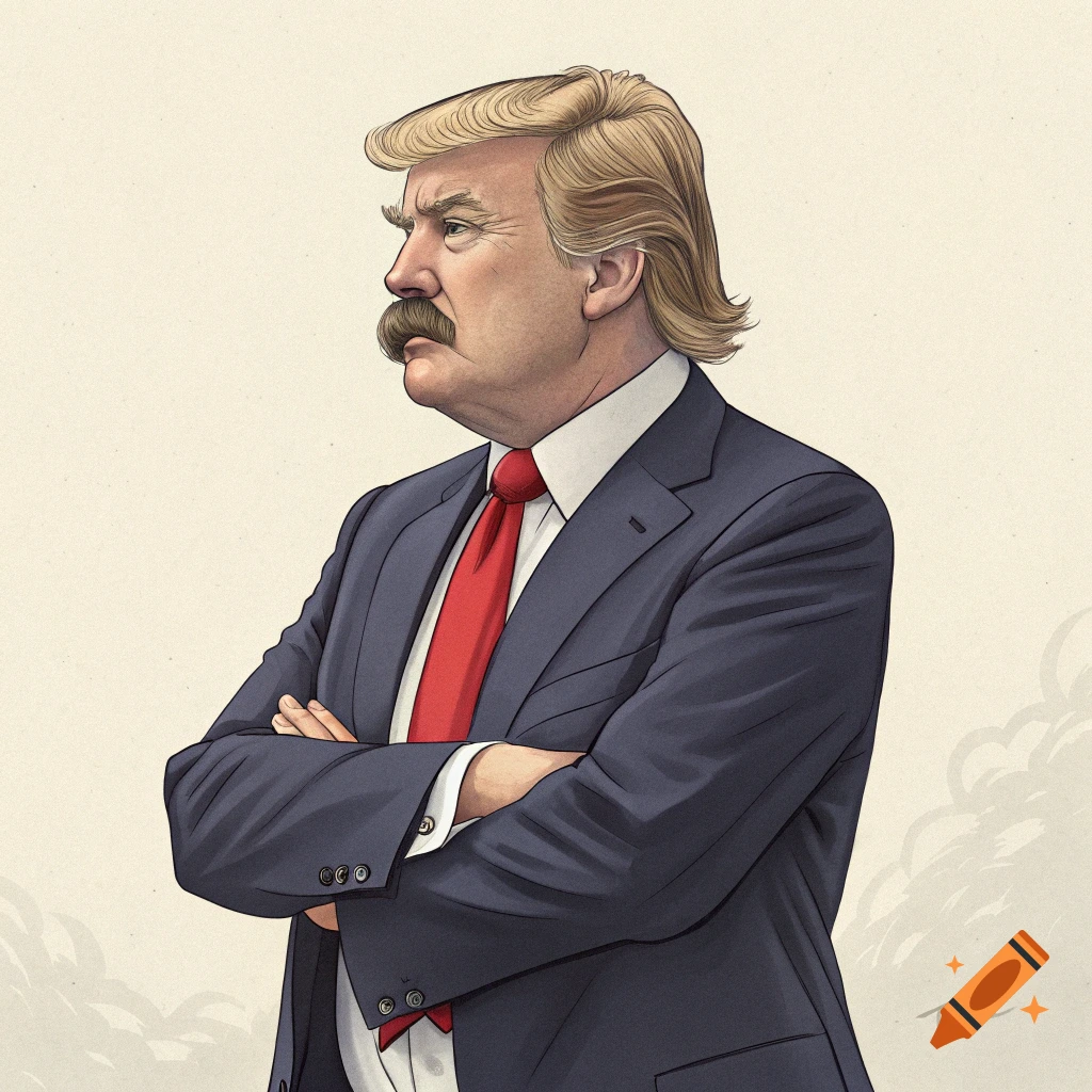 Stylized portrait of Donald Trump with a mustache, wearing a suit and red tie, arms crossed.