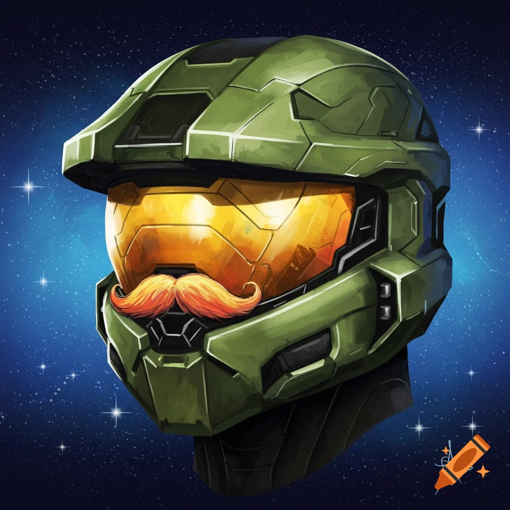 A green Halo Spartan helmet with an orange mustache against a starry space background.