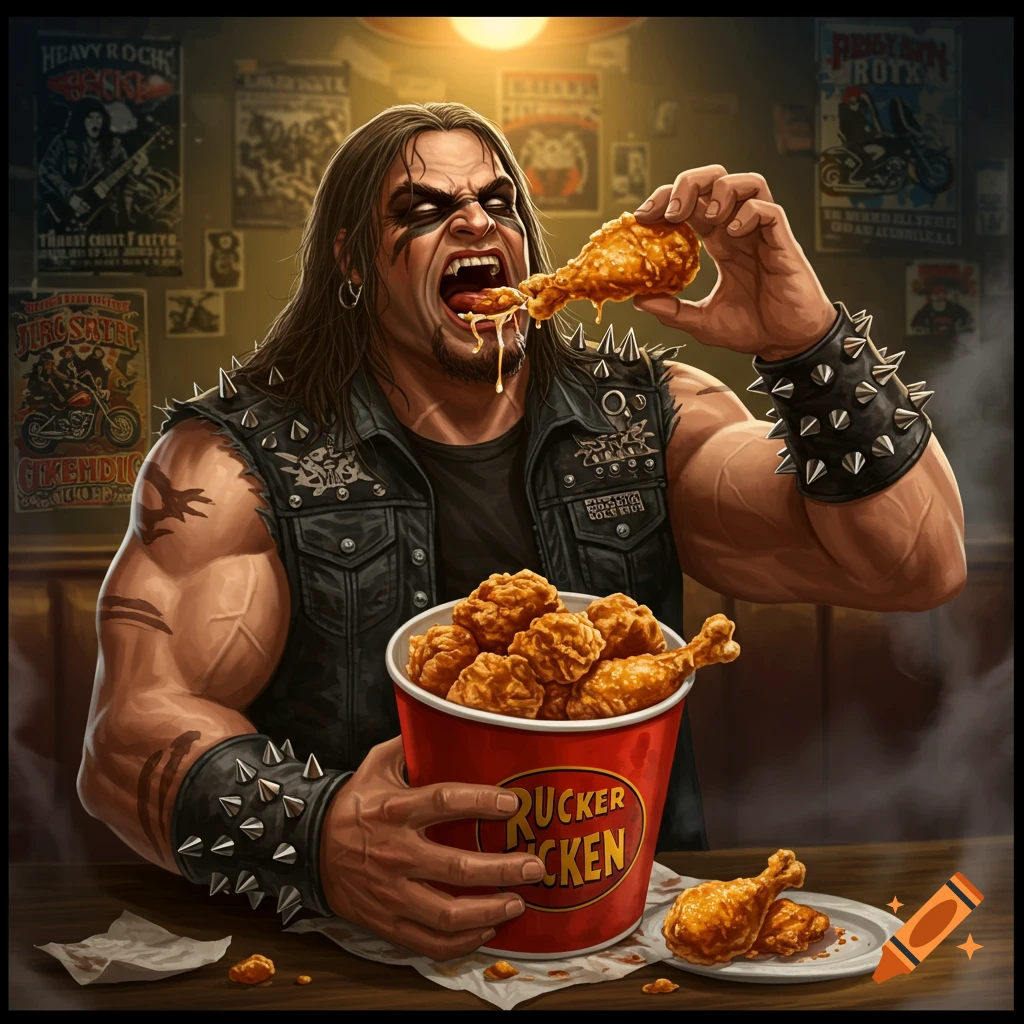 Heavy metal man with face paint eating fried chicken from a red bucket in a bar