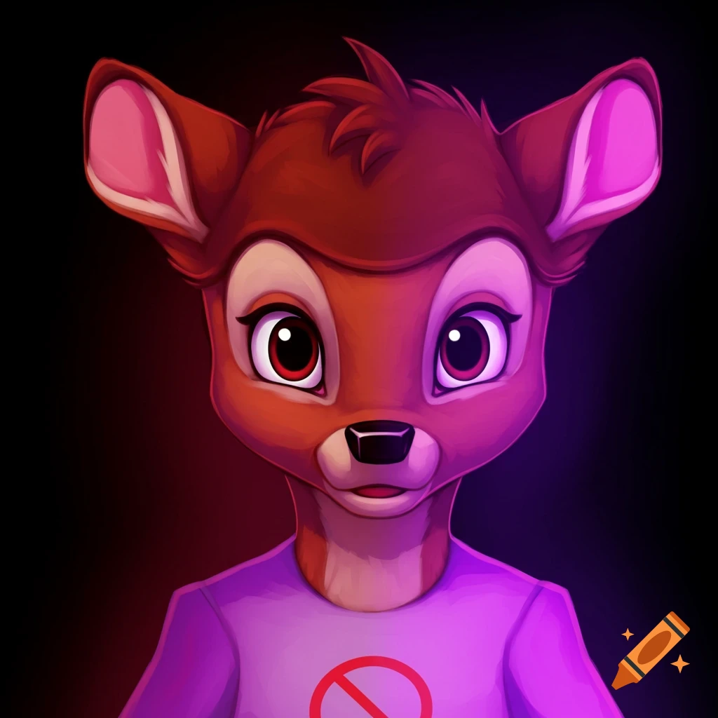 A stylized deer character in a purple shirt with a red 'no' symbol, under purple and red lighting.