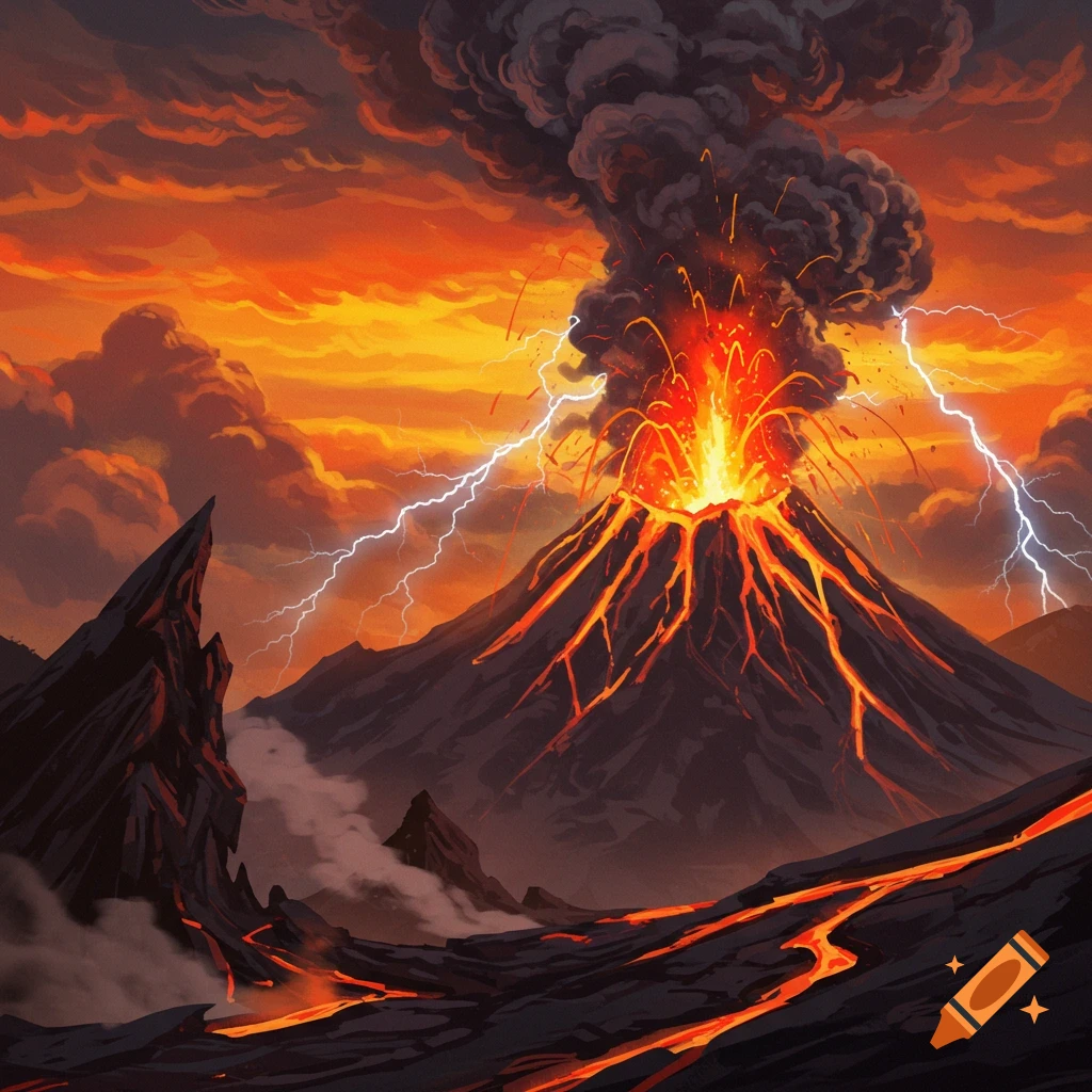 A dramatic image of a volcanic eruption with lightning striking and lava flowing down the mountain.