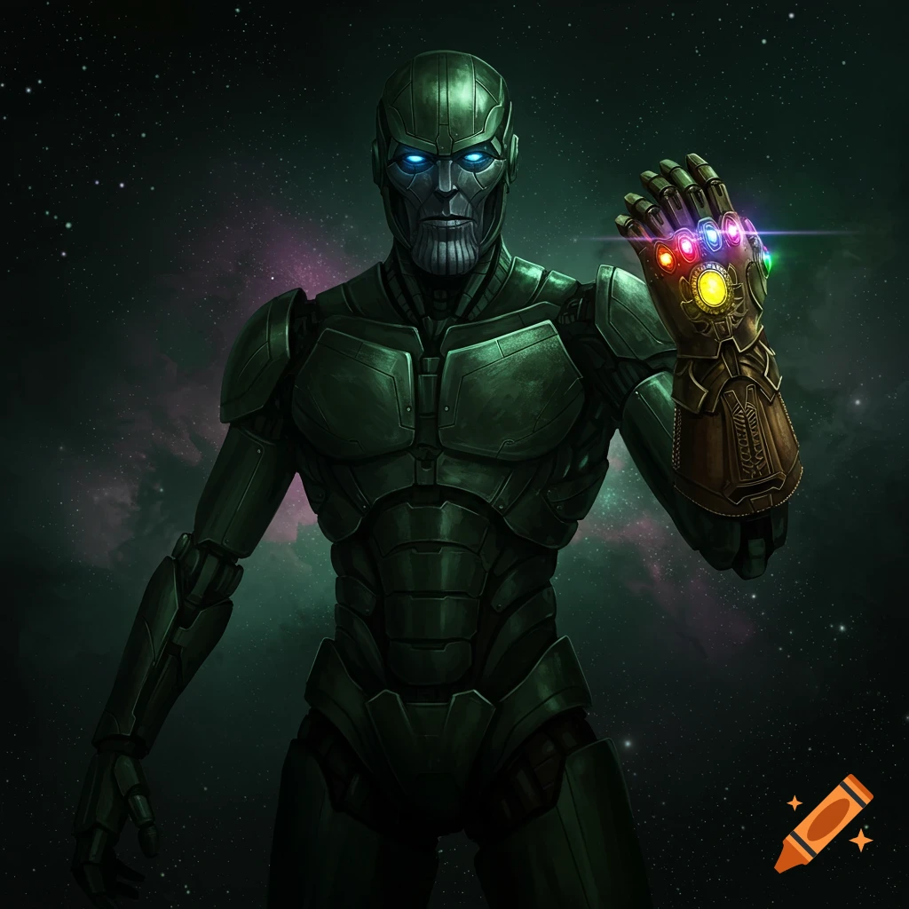 A dark green robotic figure with glowing blue eyes wearing a Thanos-like gauntlet with colorful infinity gems against a starry space background.