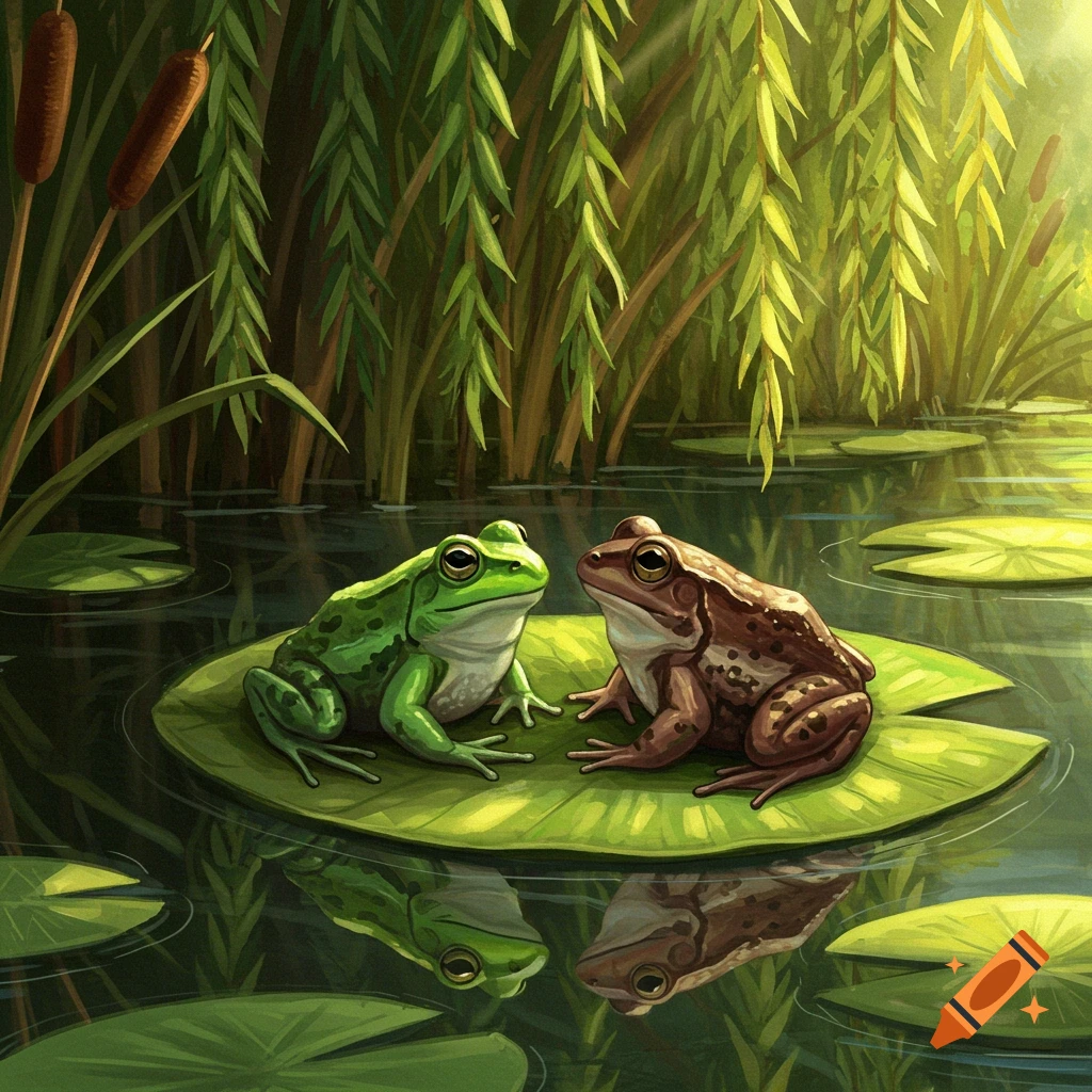 Two frogs, one green, one brown, sit on a lily pad in a pond surrounded by reeds and willows.