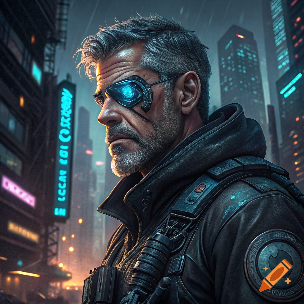 Portrait of a man with a cybernetic eye in a rainy cyberpunk city street.