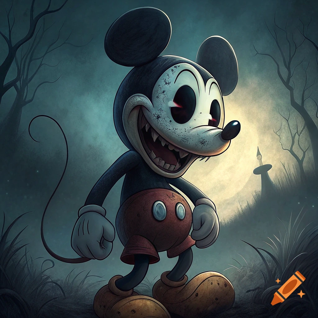 A creepy, distorted version of Mickey Mouse with large teeth and red eyes stands in a dark, spooky forest at night.