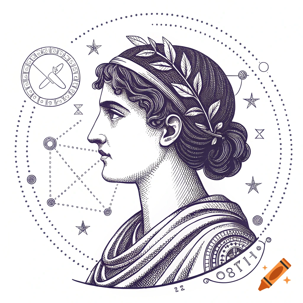 Classical line art illustration of Hypatia of Alexandria in profile, surrounded by decorative symbols.