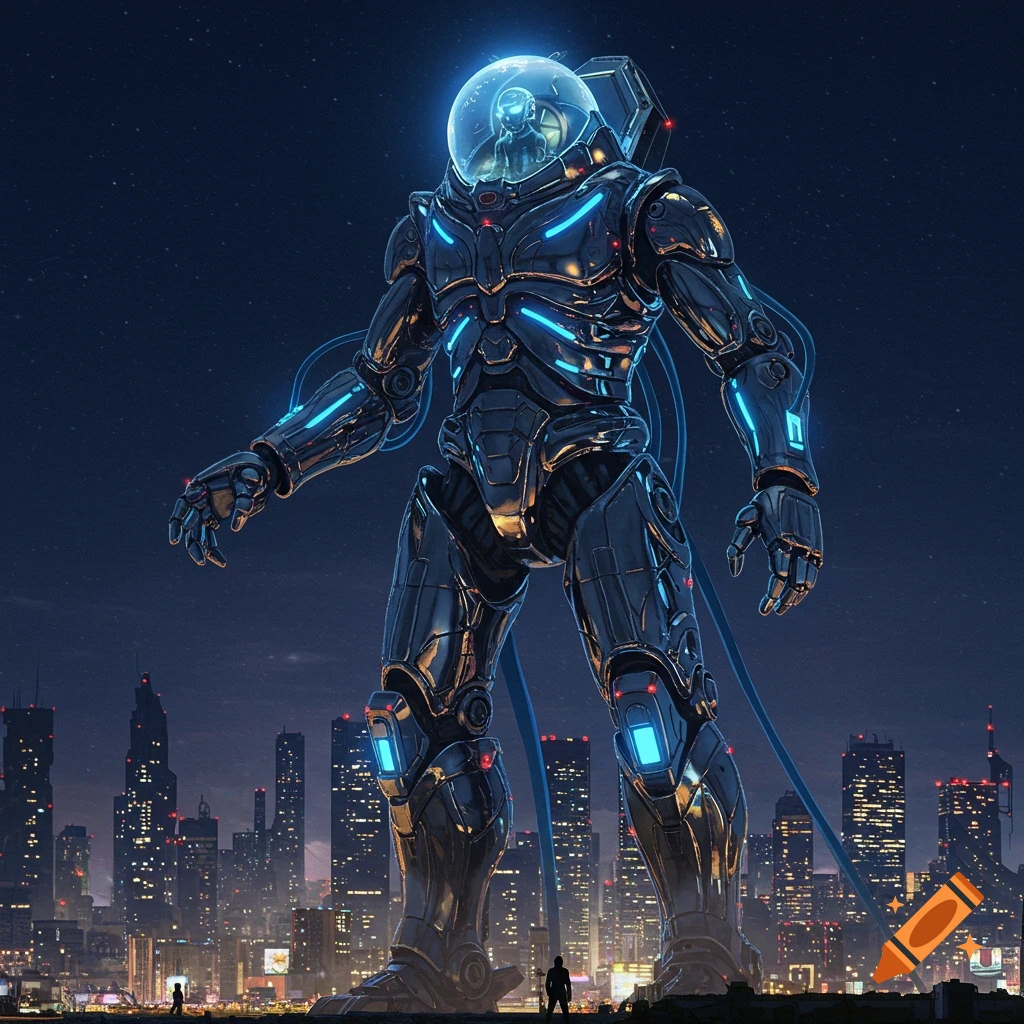 A giant robot with glowing blue lights stands over a futuristic city at night.