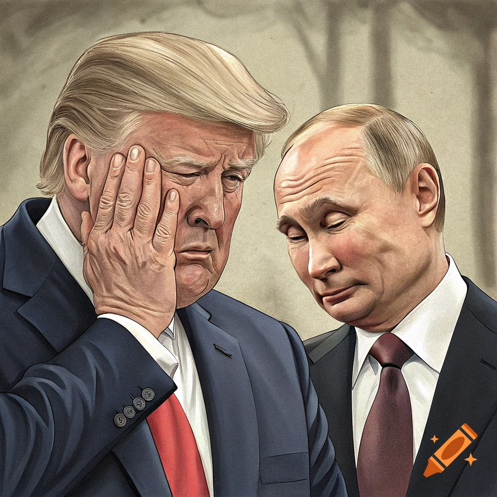 Illustration of Donald Trump covering his face and Vladimir Putin looking down.