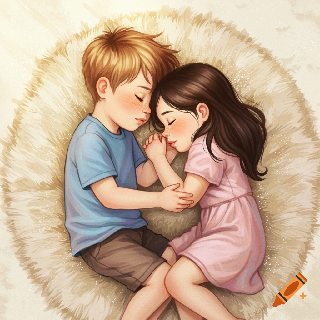 A boy and girl are sleeping on a fluffy rug.