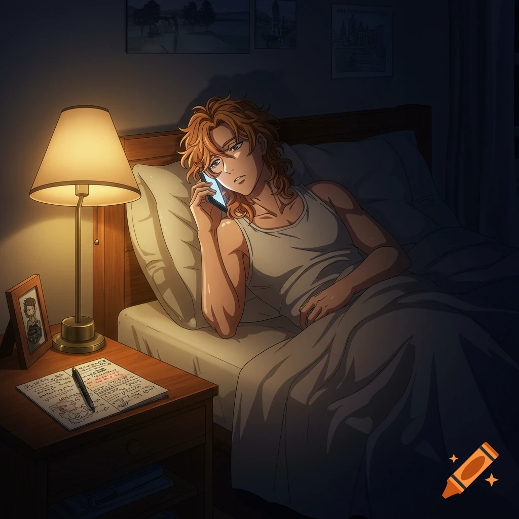 Anime style illustration of a man with wavy blonde hair in a tank top lying in bed at night, talking on a phone.