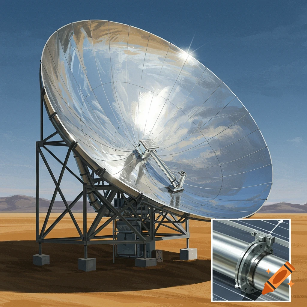 A large parabolic dish reflector in a desert landscape.