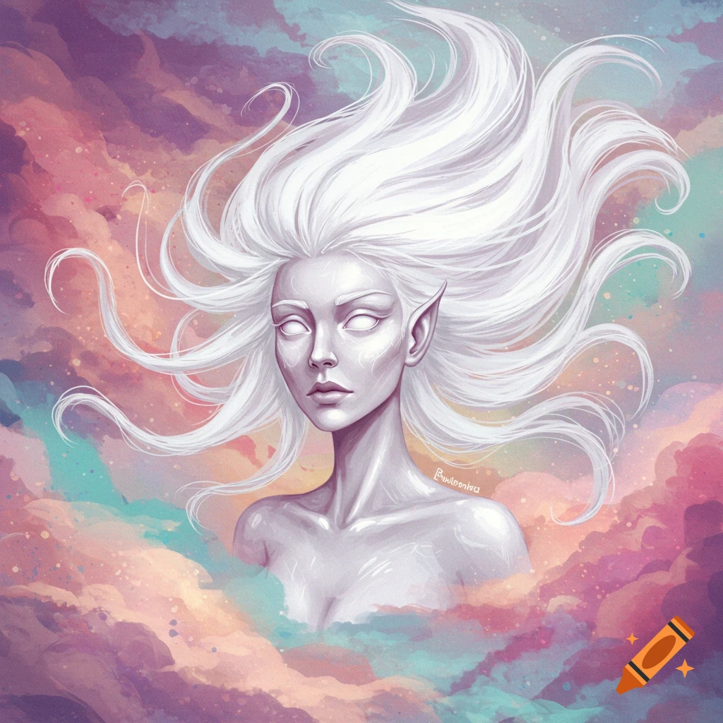 A fantasy woman with white hair, pale skin, white eyes, and elf ears is surrounded by colorful clouds.
