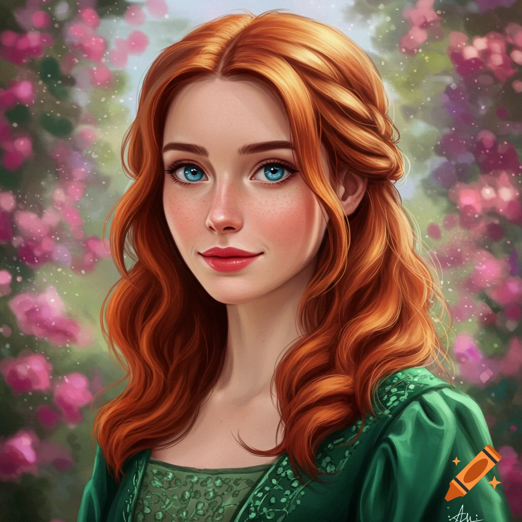 A young woman with red hair and blue eyes wears a green dress and is surrounded by pink flowers.
