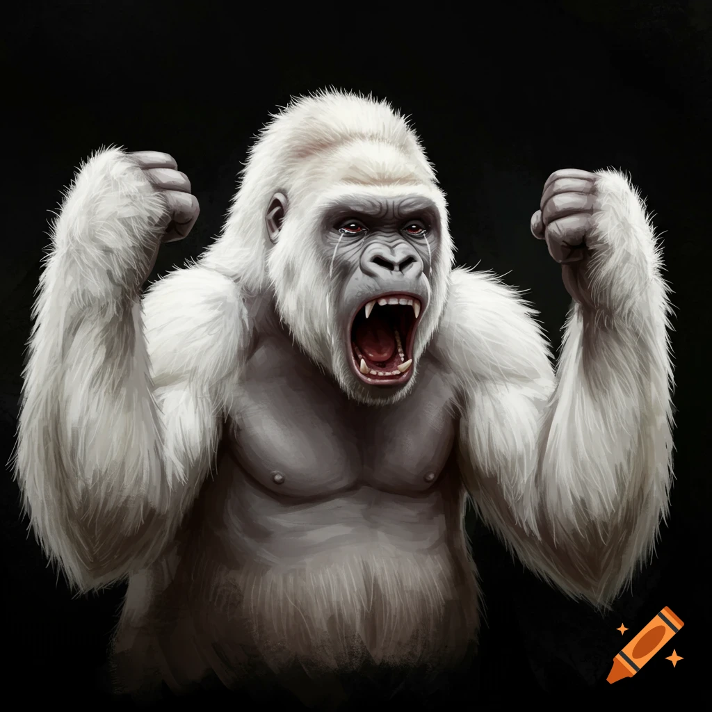An angry white gorilla roaring with arms raised.