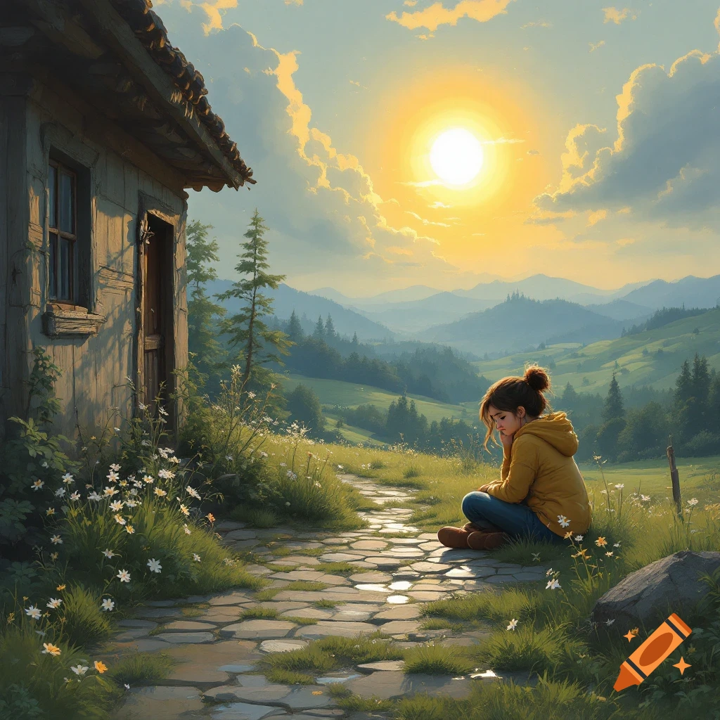 A girl sits on a stone path next to a small house, with a vibrant sunset over rolling green hills.