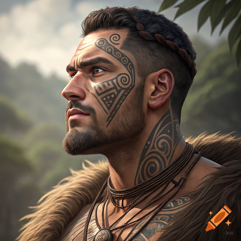 Detailed portrait of a man with tribal facial and neck tattoos, wearing a fur cloak.