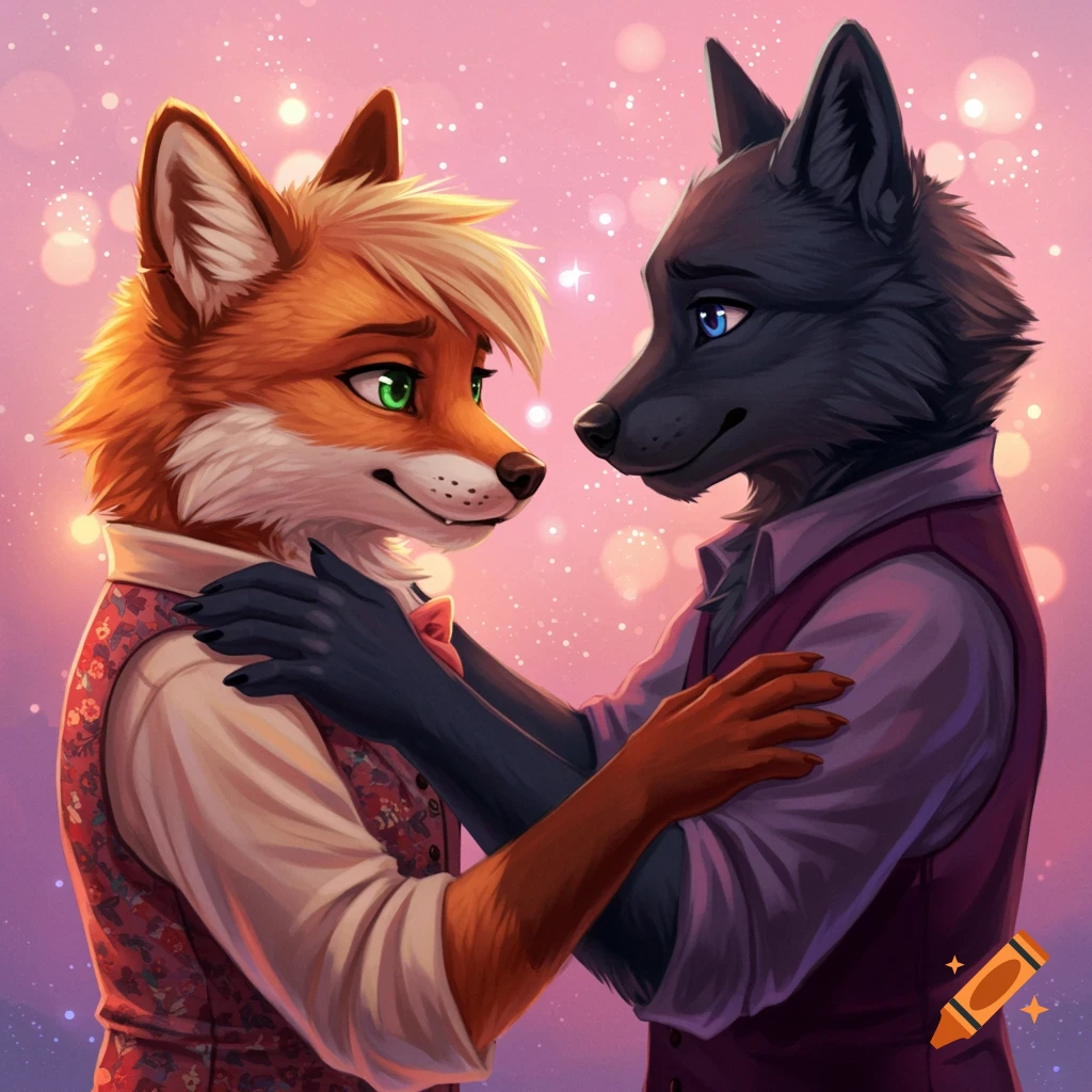 A fox and a wolf looking lovingly at each other, wearing vests against a bokeh background.